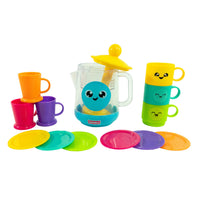 Tomy Bubble & Brew Bath Set with bubble teapot, colourful cups and saucers out of packaging on white background.