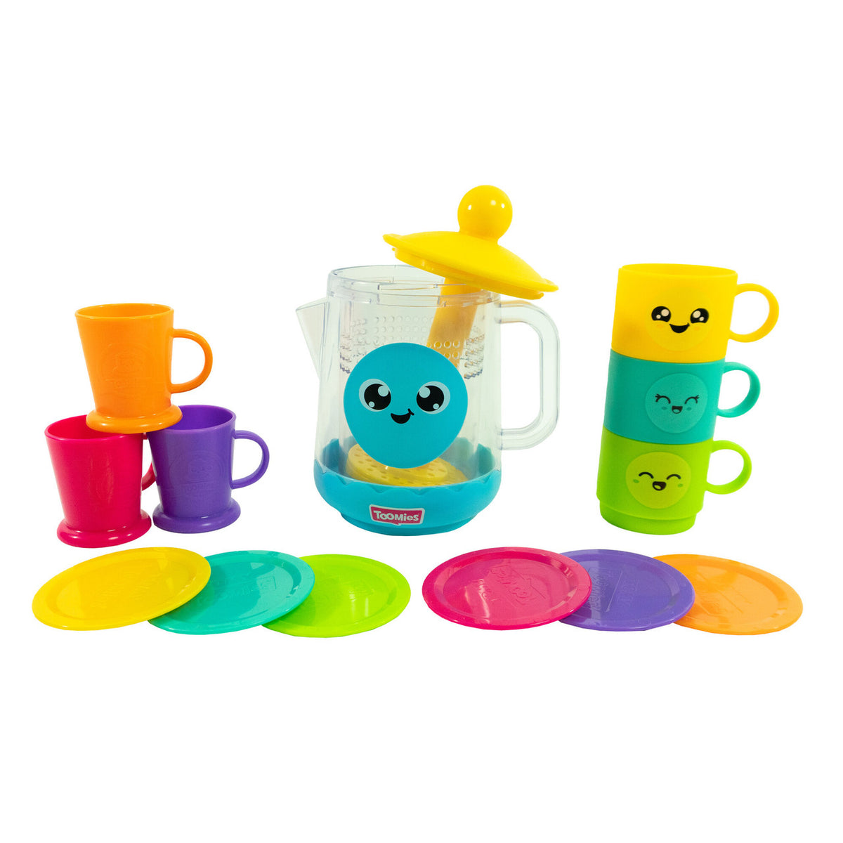 Tomy Bubble & Brew Bath Set with bubble teapot, colourful cups and saucers out of packaging on white background.