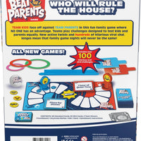 the back of the Beat The Parents board game box showing the instruction on how to play the game against a white background.