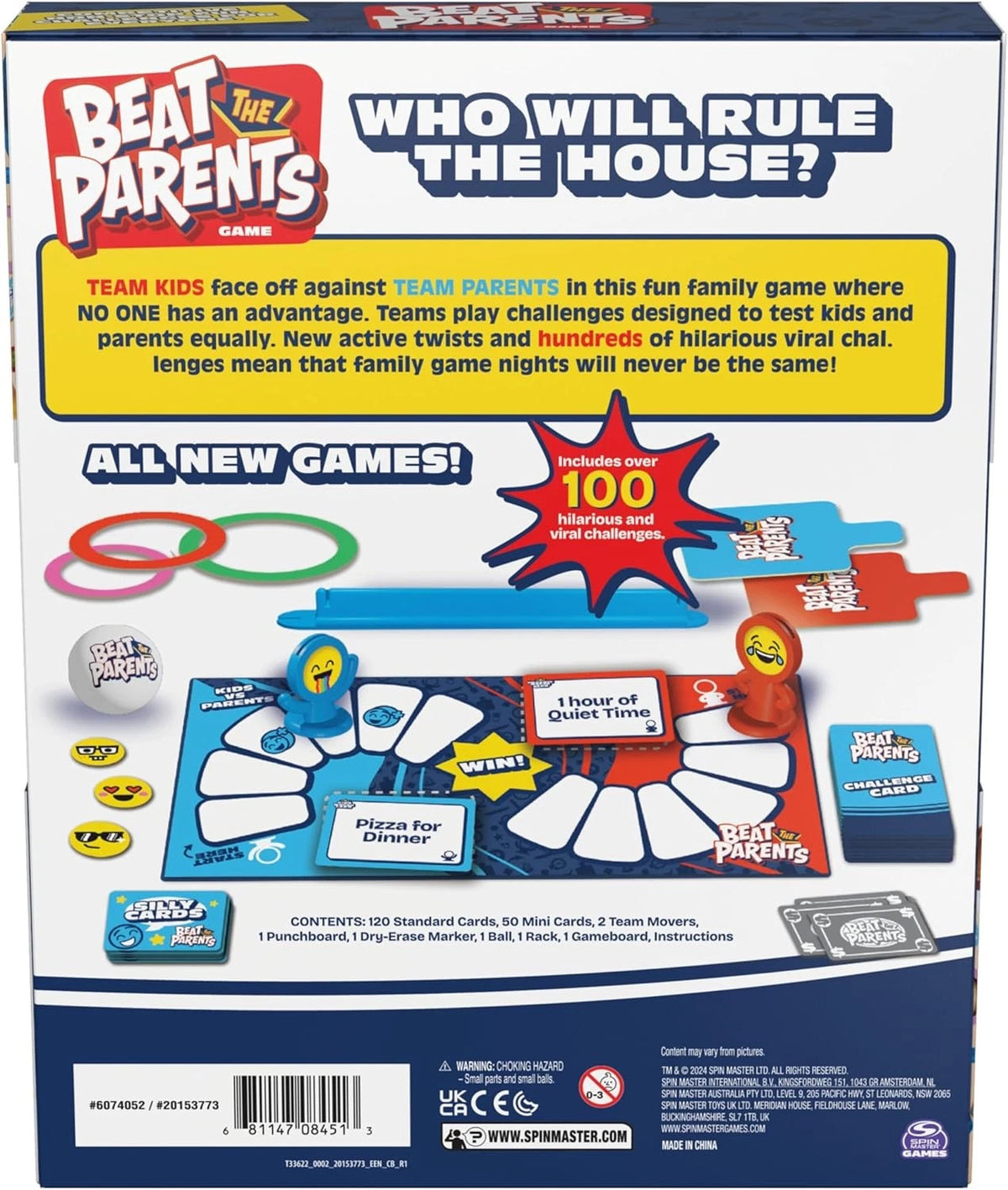 the back of the Beat The Parents board game box showing the instruction on how to play the game against a white background.