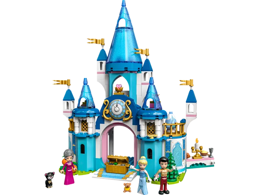 LEGO 43206 Cinderella and Prince Charming’s Castle set with mini-dolls and accessories.