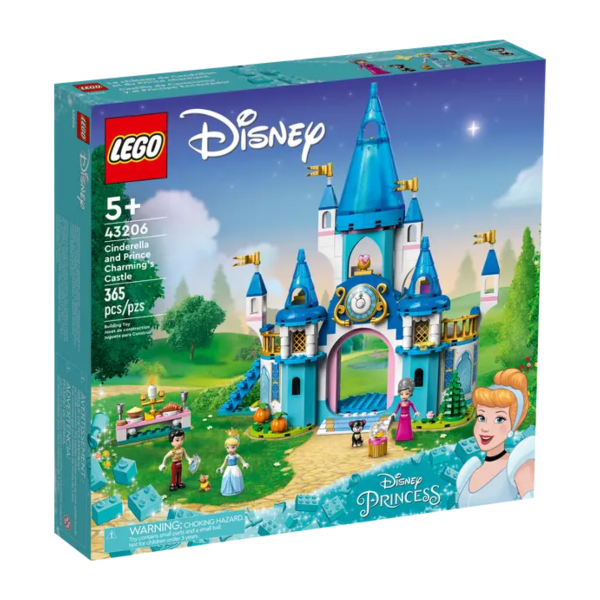 Box packaging of LEGO 43206 Cinderella and Prince Charming’s Castle.