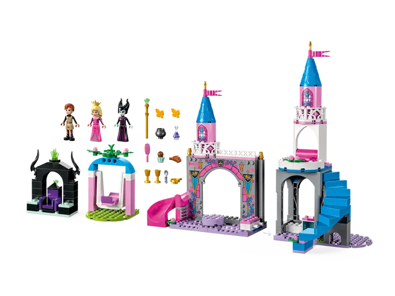 Aurora’s Castle featuring a pink and blue design with a slide and balcony.