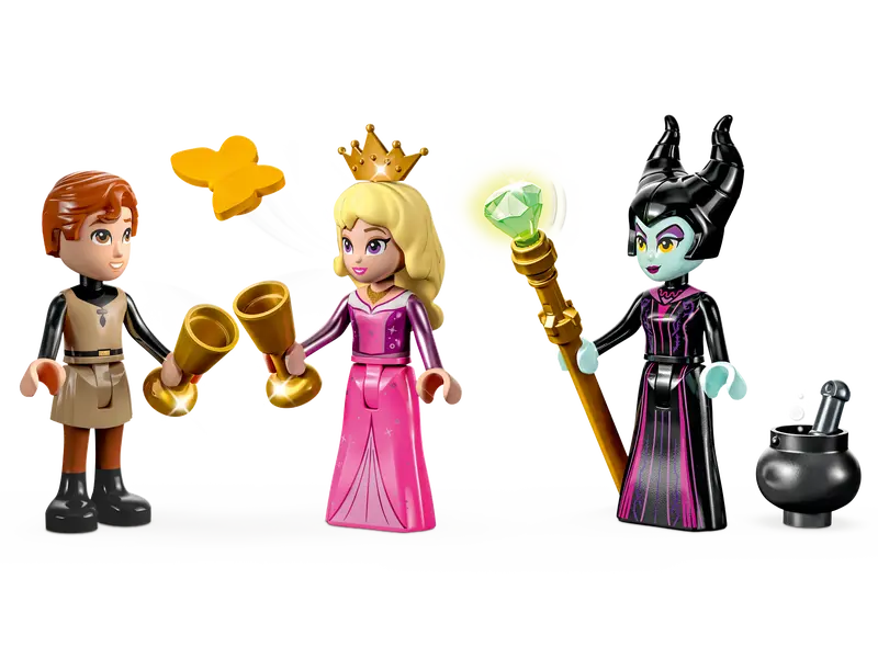 Aurora, Prince Philip, and Maleficent mini-doll figures included in the LEGO set.