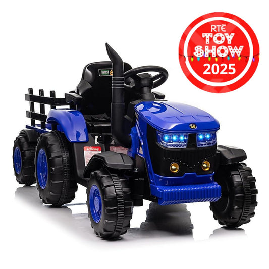 Turbo Harvest 12V Electric Ride On Tractor with Trailer Blue