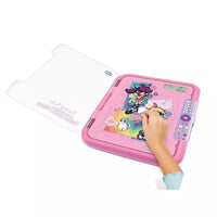 Pink drawing board with cartoon characters on a white background