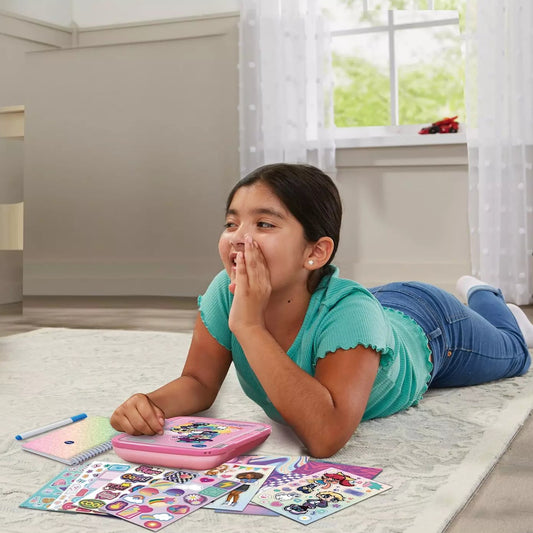 Girl playing with toys on a carpeted floor in a room with a window.