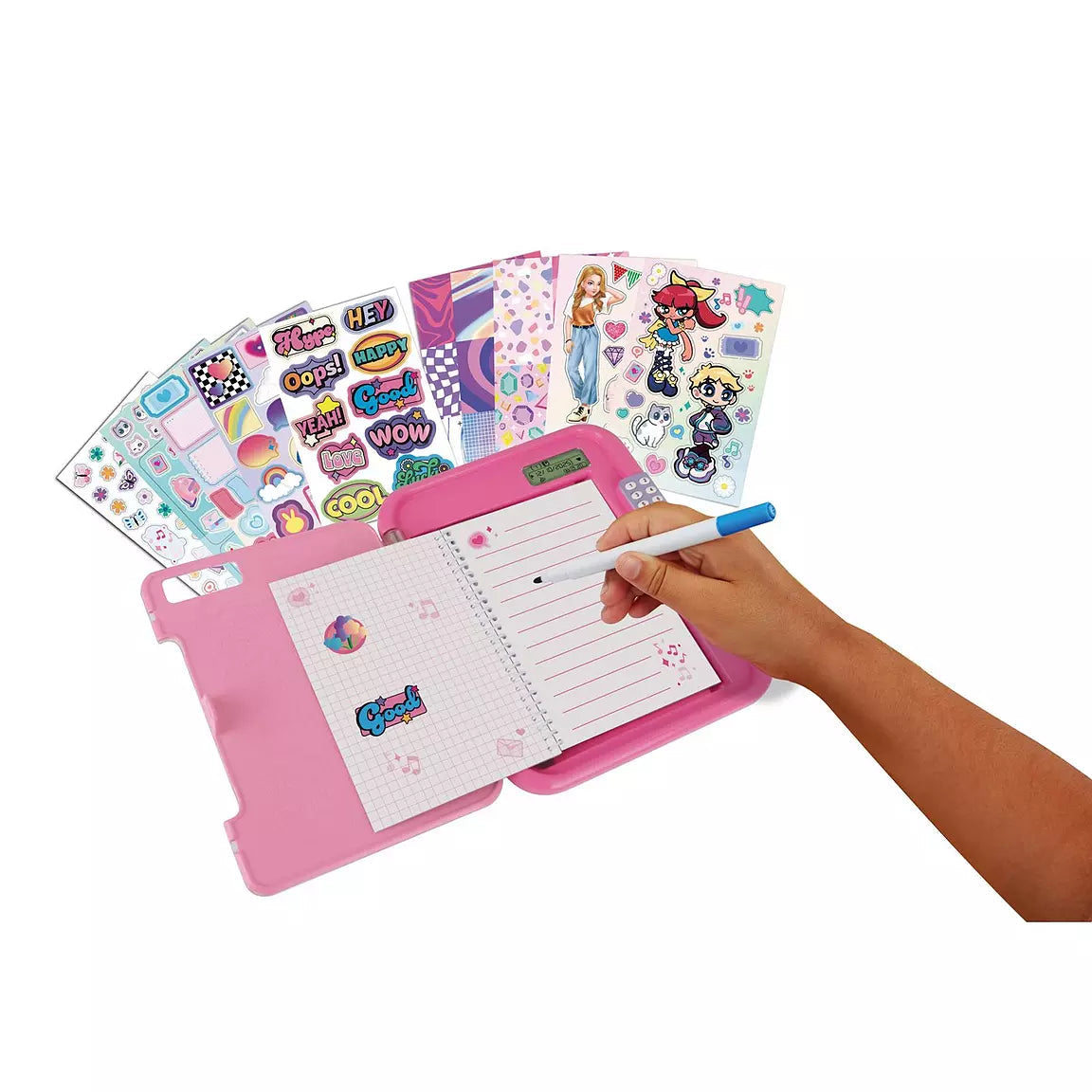 Pink activity diary with stickers and a hand holding a pen on a white background