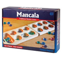 Wooden Mancala Game in presentation box with folding wooden board and colourful playing stones.