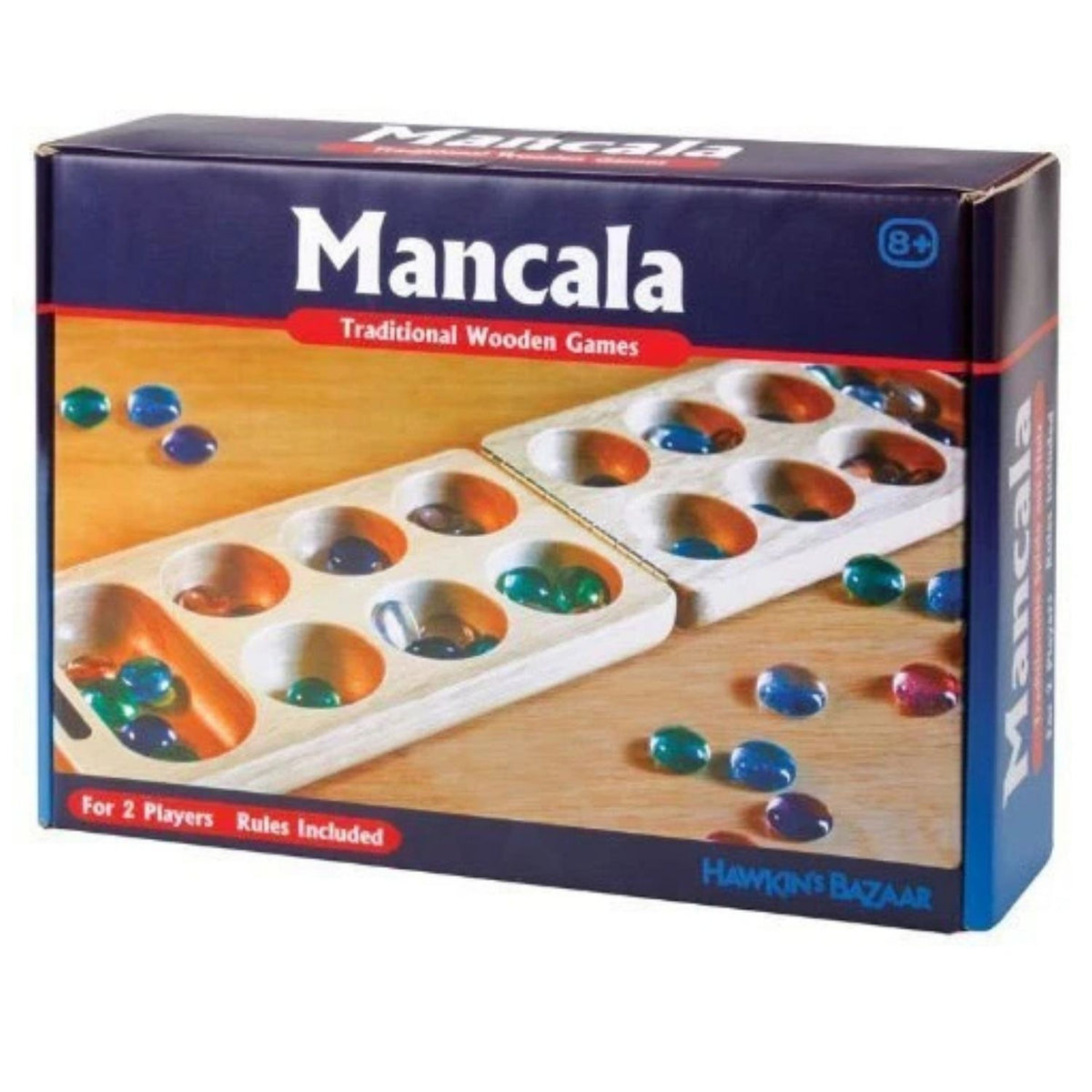 Wooden Mancala Game in presentation box with folding wooden board and colourful playing stones.