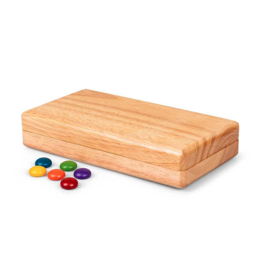 Closed Wooden Mancala Game board with colourful playing stones for easy storage and travel.