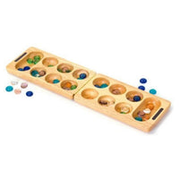 Wooden Mancala Game with folding board and colourful glass playing stones ready for two-player strategy gameplay.