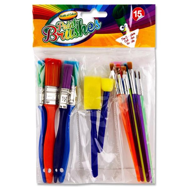 Woc Pkt.15 Colourful Paint Brushes &amp; Sponges Set