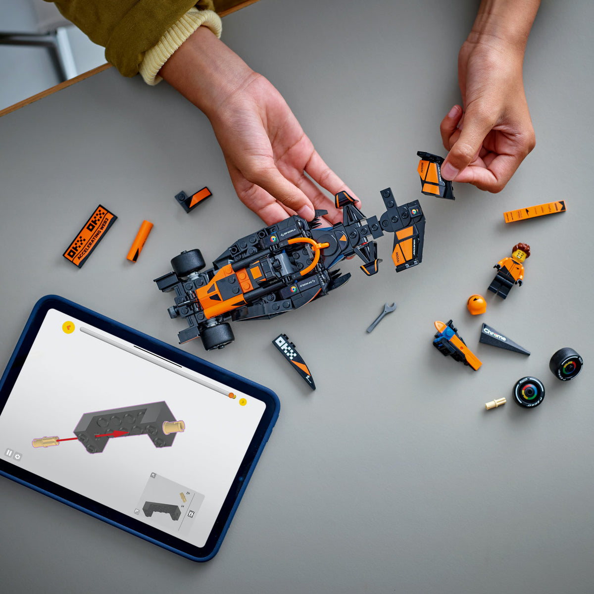 above view of lego car being built 