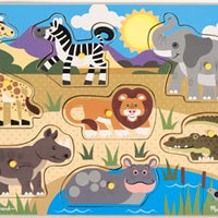 Melissa & Doug Safari Wooden Peg Puzzle 7 Pieces – box and contents