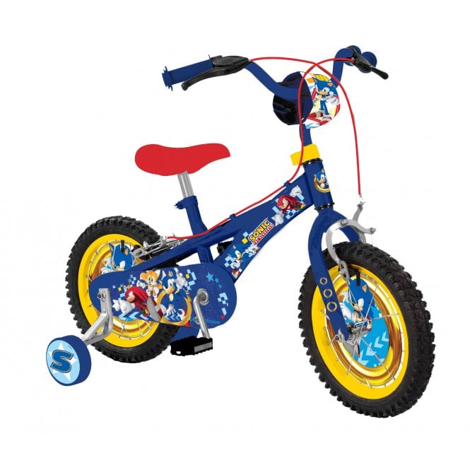 A 14-inch Sonic themed children's bicycle with a blue frame, red and yellow accents, and character graphics from the Sonic series.