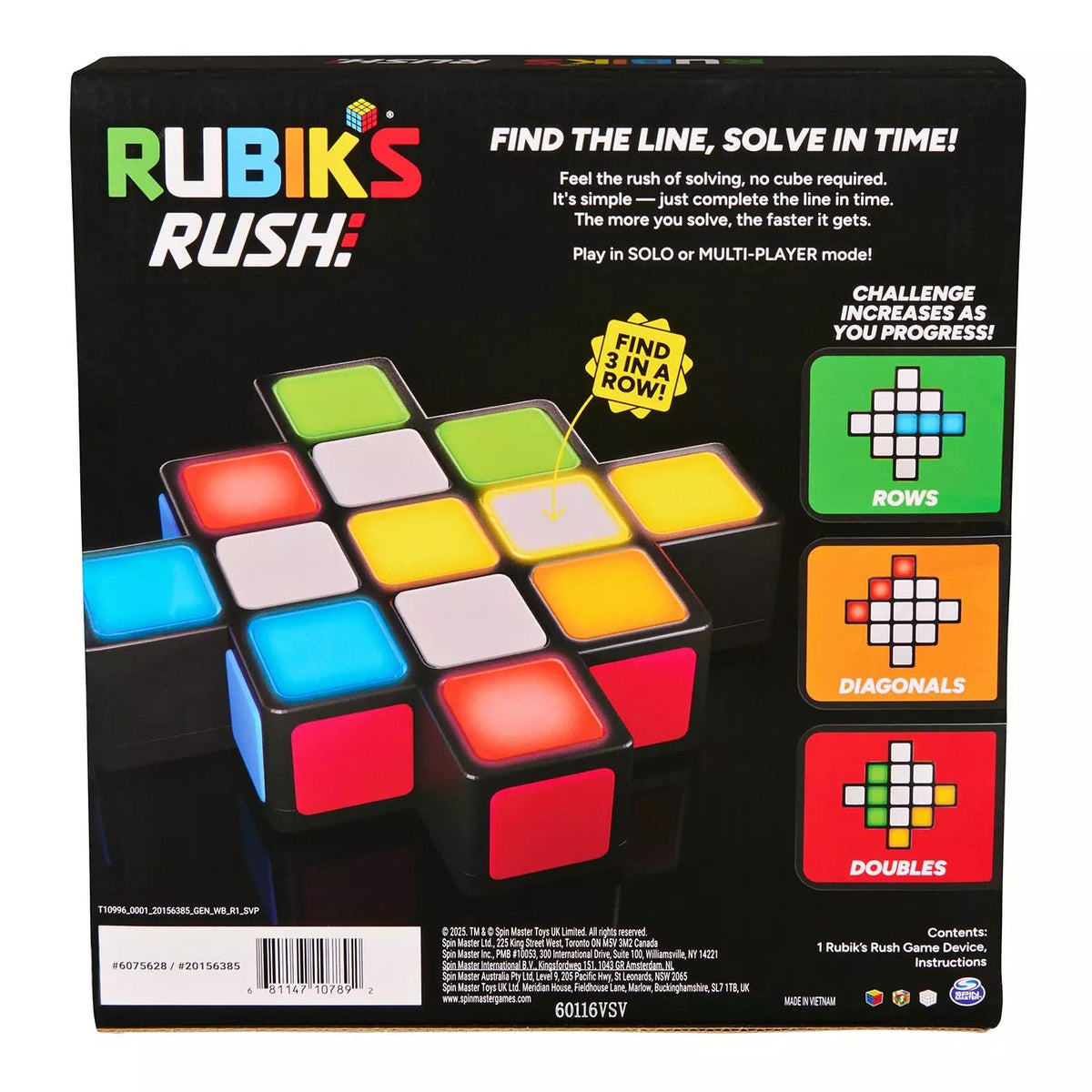 the back of the retail packaging for the rubik's rush against a white background.