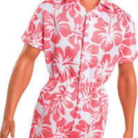 Features a white and coral Hawaiian print jumpsuit