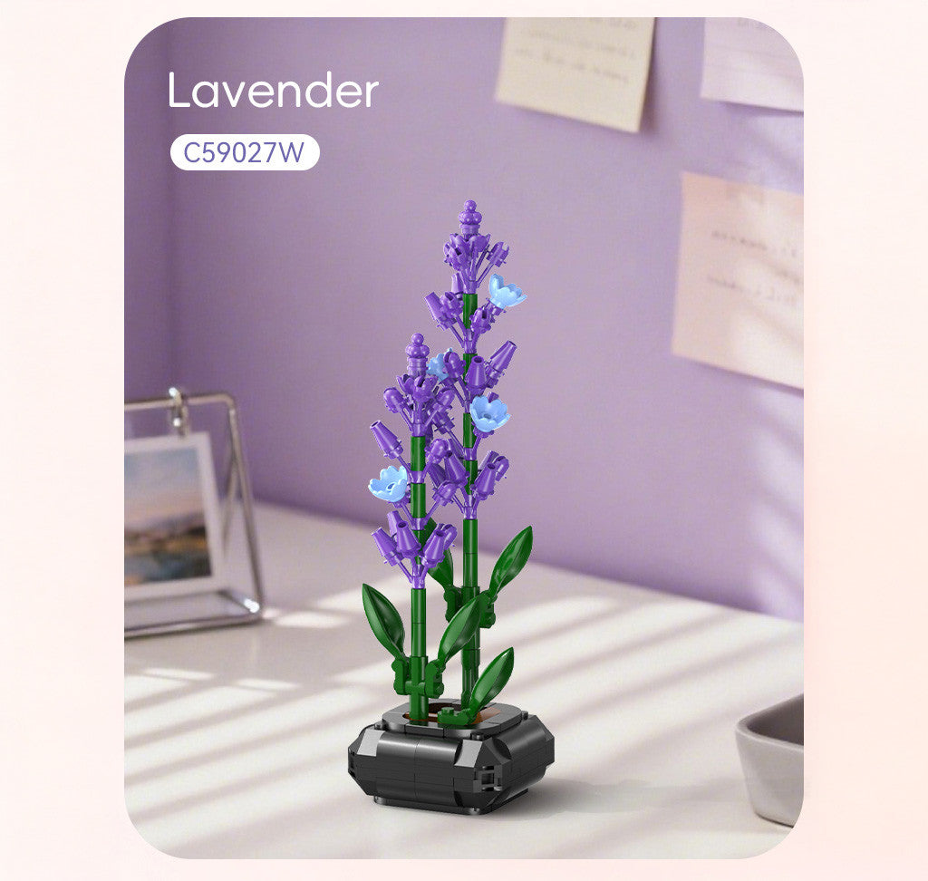 Features purple lavender flowers and green stems in a plant pot
