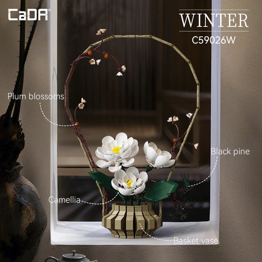 White flowers with green and brown stems create a refined look