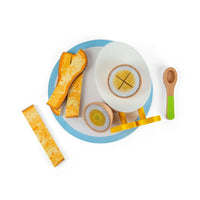 9 play pieces including a felt & wood yolk egg and toast