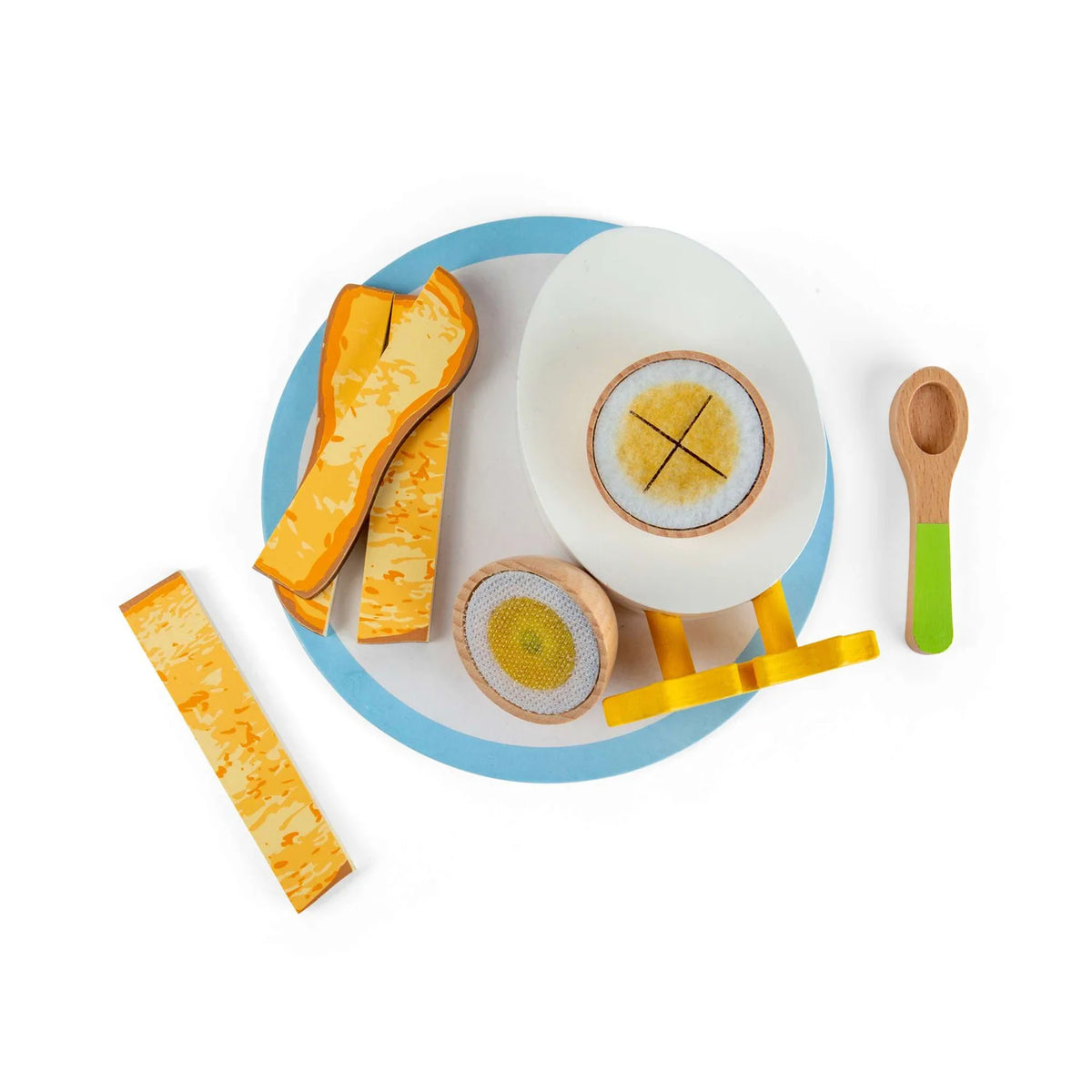 9 play pieces including a felt & wood yolk egg and toast