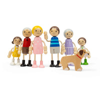 6 wooden doll people & 1 dog