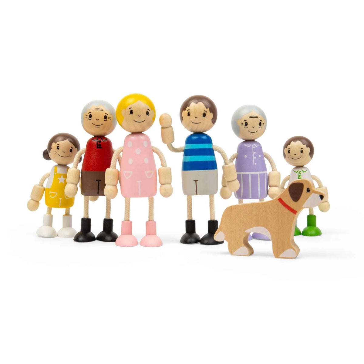 6 wooden doll people & 1 dog