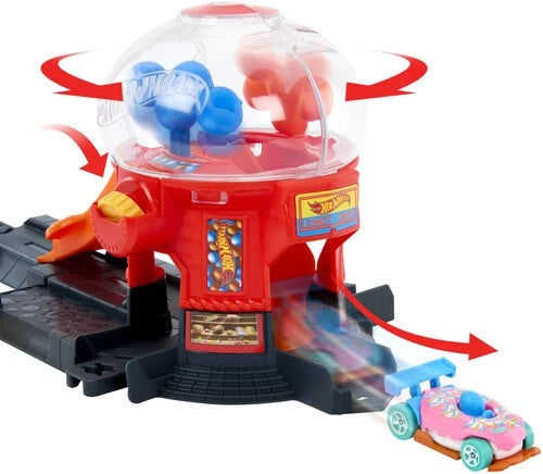 Liftable ramp sends vehicles into the gumball machine feature