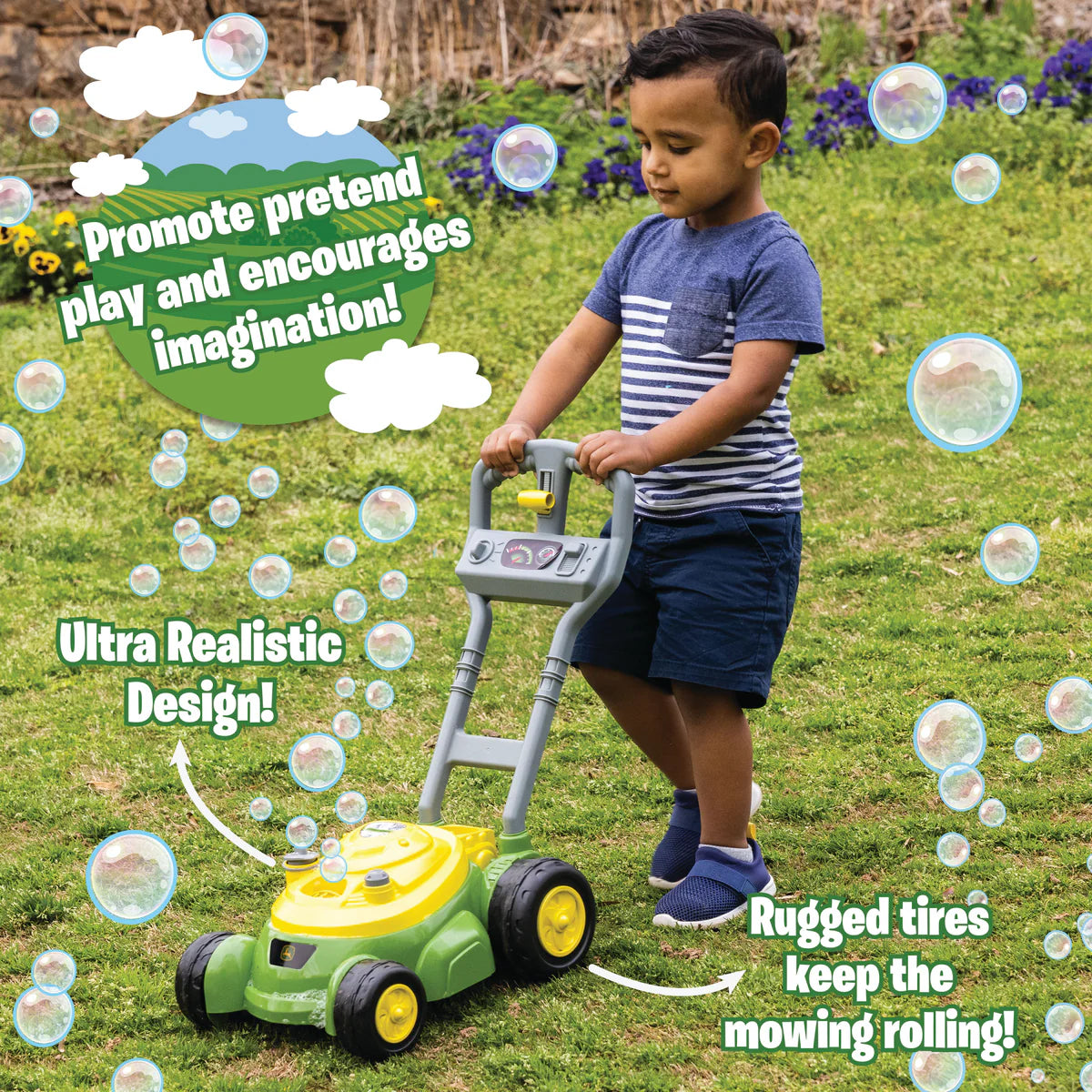 Turn your yard into a world of bubble fun with the John Deere Bubble-N-Go Mower.
