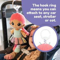 Large clip attaches easily to stroller, car seat, diaper bag, and more for on-the-go fun