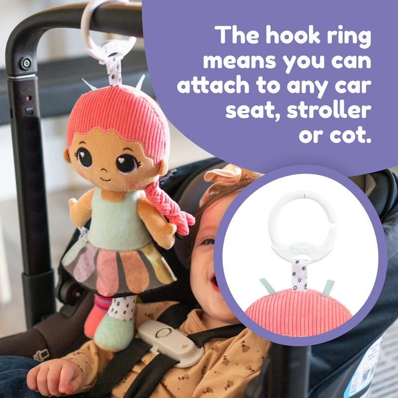 Large clip attaches easily to stroller, car seat, diaper bag, and more for on-the-go fun