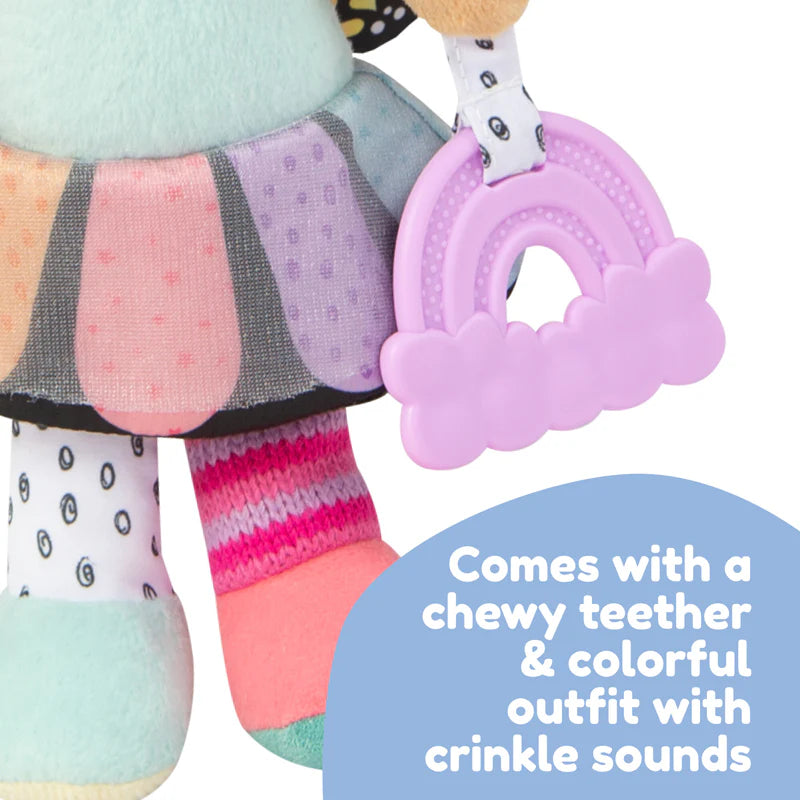 Bright colours and contrasting patterns along with entertaining sounds from tethered rattle stimulate baby's attention