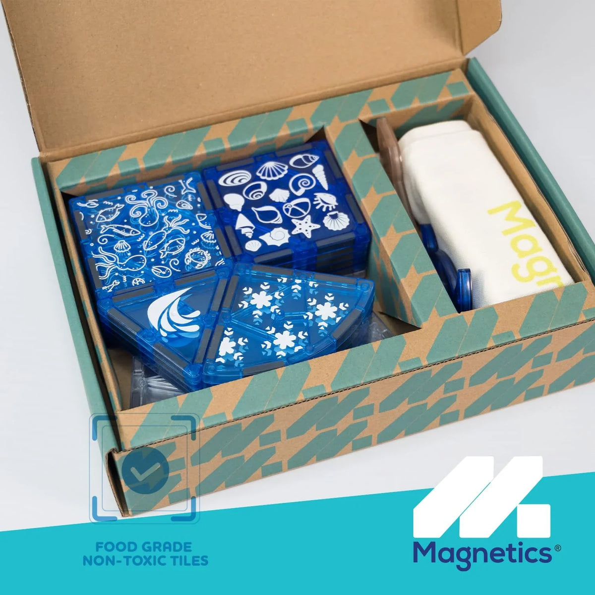 30 sea life-themed magnetic tiles with ocean-inspired designs