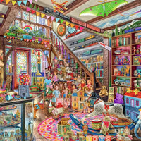 Features a detailed fantasy toy shop illustration