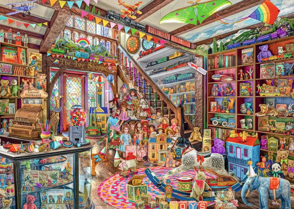 Features a detailed fantasy toy shop illustration