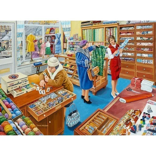 Features a colourful haberdashery shop scene