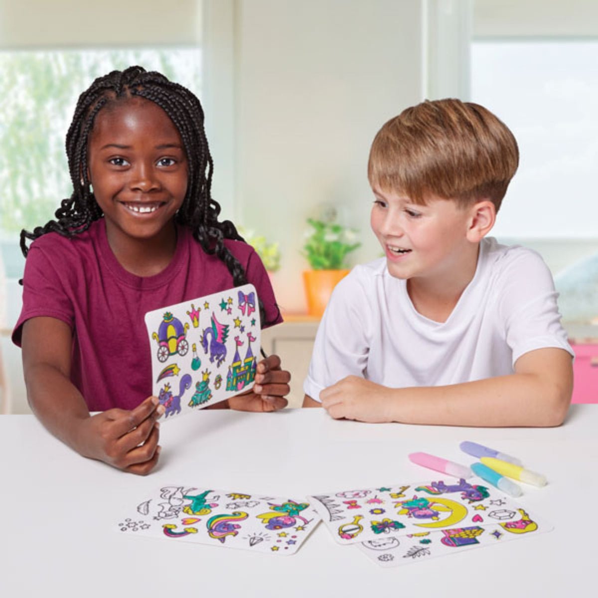 kids playing with stickers