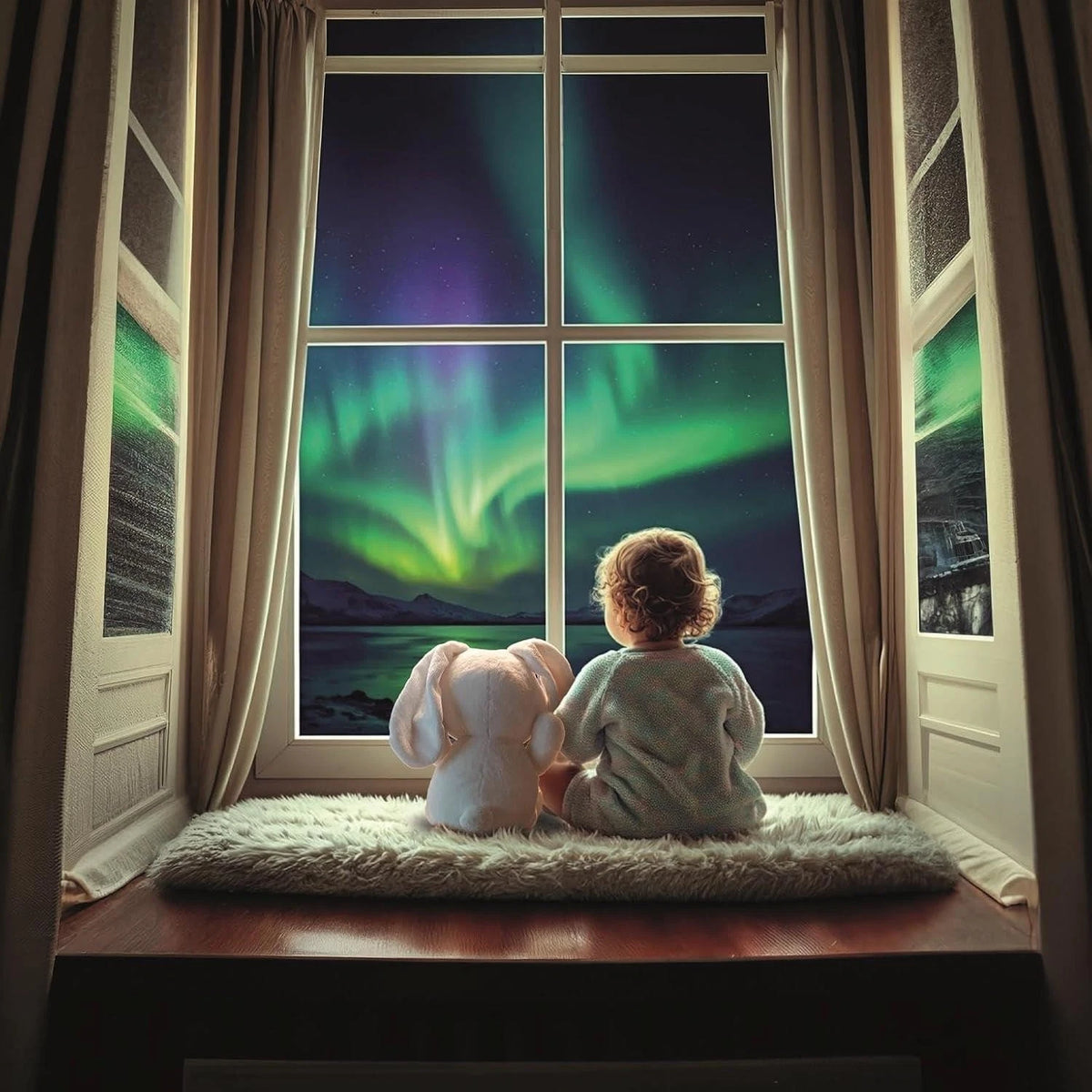 child with bunny at window