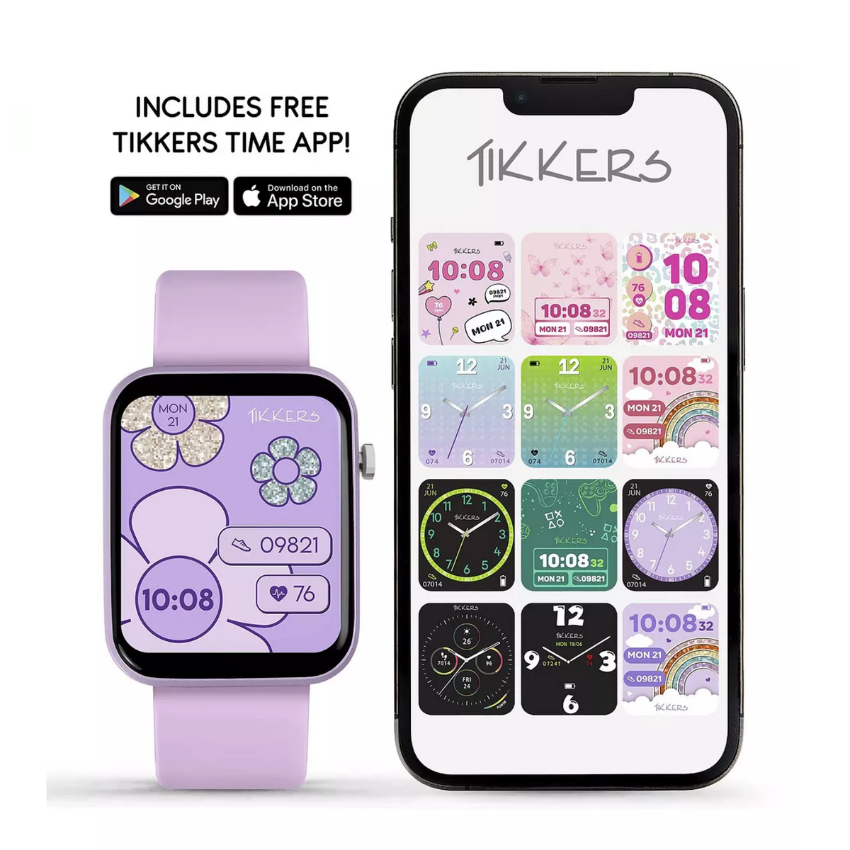 Tikkers Smart Series 13 Lilac Set beside phone with bluetooth