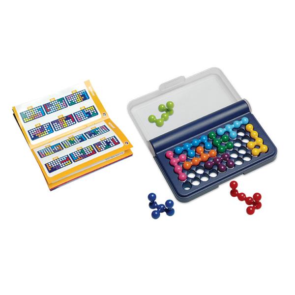 IQ puzzle including pieces and instructions on white background