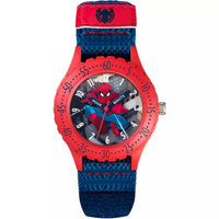 A children's analog watch featuring Spider-Man graphics, with a red case, blue fabric strap, and Spider-Man print on the dial.