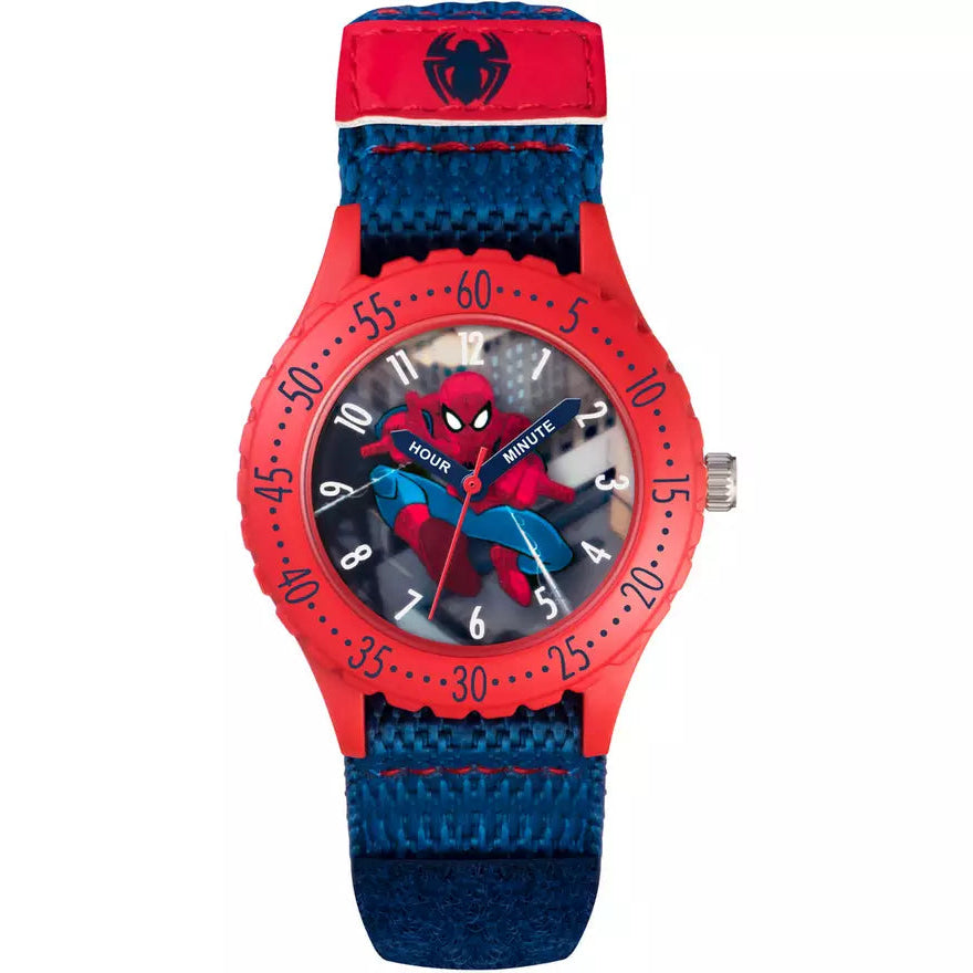 A children's analog watch featuring Spider-Man graphics, with a red case, blue fabric strap, and Spider-Man print on the dial.