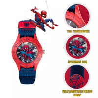 A Spider-Man themed kids' watch with a red and navy blue strap, spider-themed dial, and a small Spider-Man figure above it. Three circular detail callouts on the right highlight the titanium case, printed spider graphic, and textured strap.