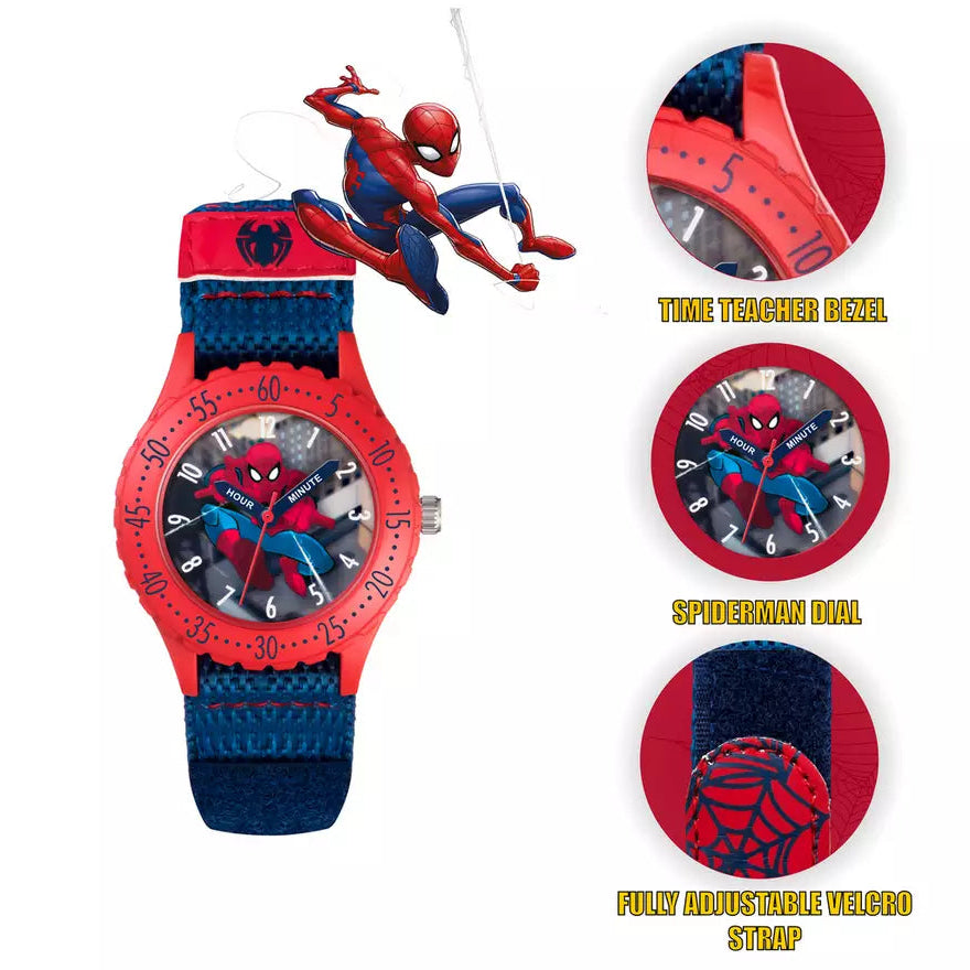 A Spider-Man themed kids' watch with a red and navy blue strap, spider-themed dial, and a small Spider-Man figure above it. Three circular detail callouts on the right highlight the titanium case, printed spider graphic, and textured strap.