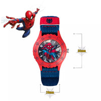 A Spider-Man themed kids' watch with a red and blue strap and a Spider-Man printed dial, shown on a white background with a Spider-Man graphic and small dimension labels.