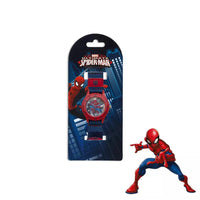 A Spider-Man themed watch shown in its retail blister packaging next to a small Spider-Man action figure on a plain white background.