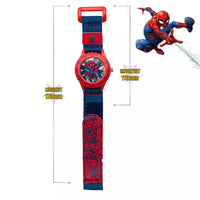 Spider-Man themed kids' watch with a red and blue strap and face, shown on a white background with dimension lines and a Spider-Man graphic.