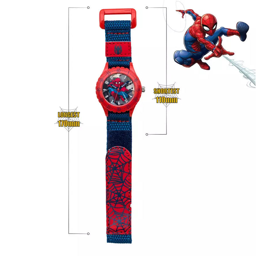 Spider-Man themed kids' watch with a red and blue strap and face, shown on a white background with dimension lines and a Spider-Man graphic.