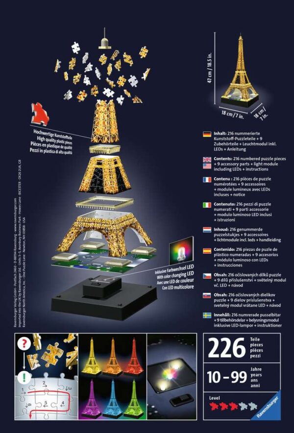 Ravensburger Eiffel Tower Night Edition 216 piece 3D Jigsaw Puzzle with LED lighting for Adults & for Kids – 12579
